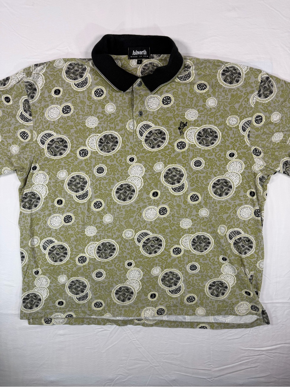Vintage Ashworth Golf Polo Men’s Large Made USA Dragon Print Black Collar